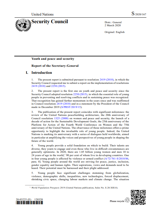 Front page of Secretary General report on YPS